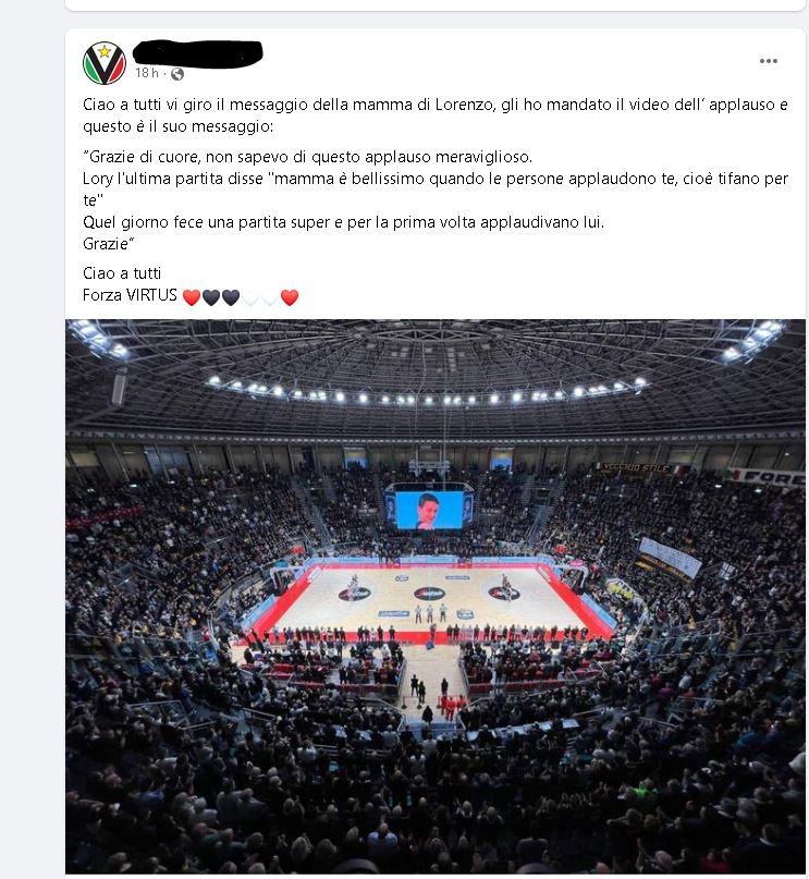 Lorenzo Bastelli: l’applauso dei tifosi della Virtus e la commozione della mamma