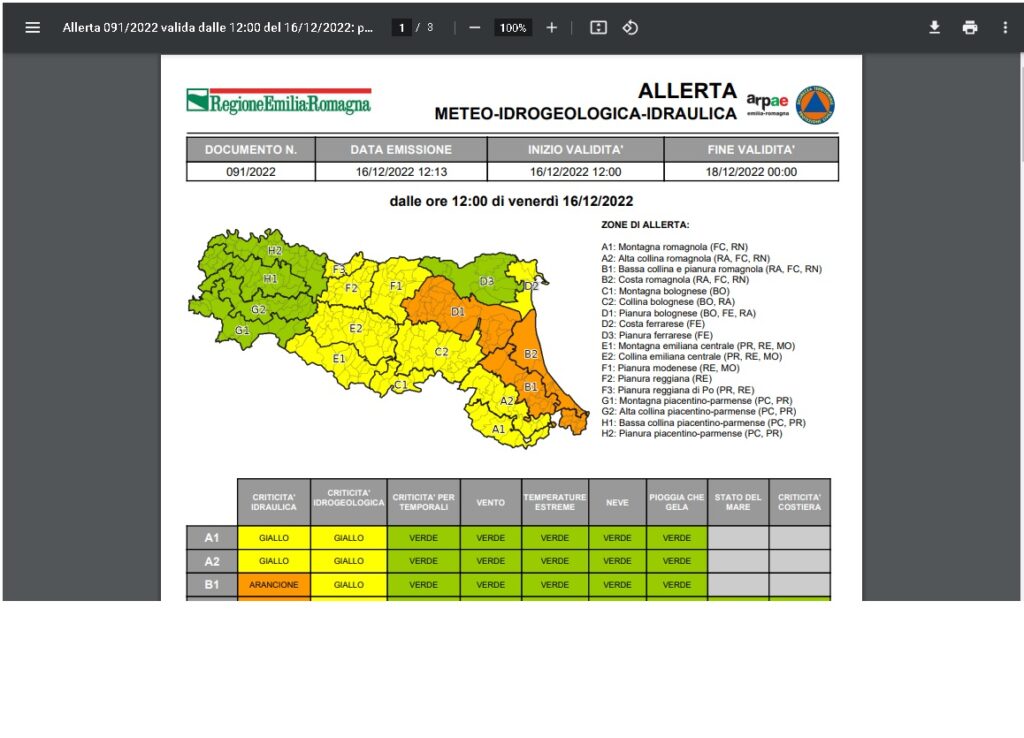 Allerta arancione per piene dei corsi d’acqua