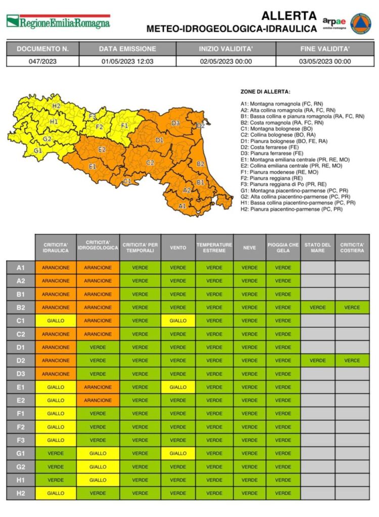 Allerta arancione per piene dei corsi d’acqua e temporali