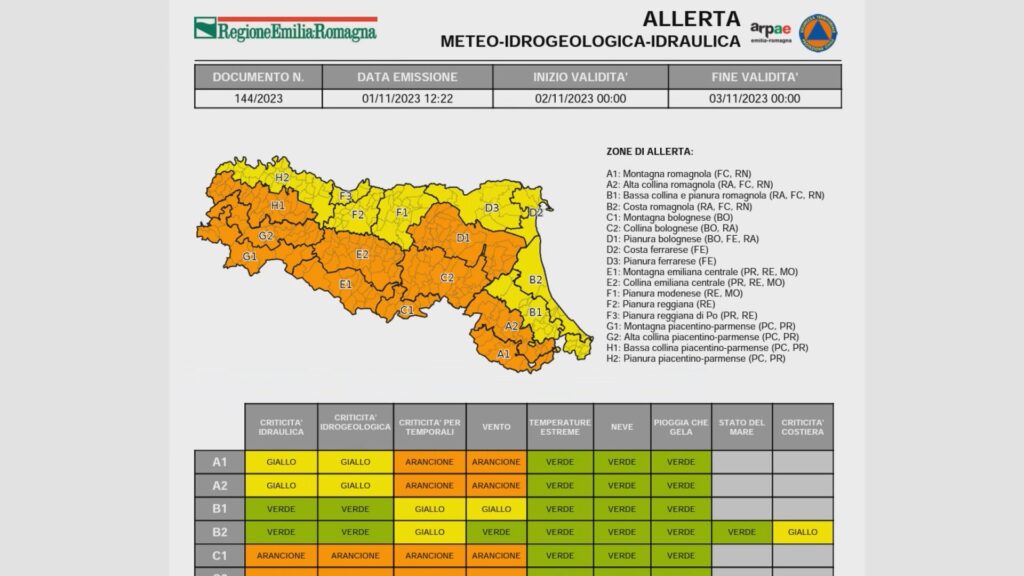 Allerta arancione per maltempo giovedì 2 novembre anche nel bolognese