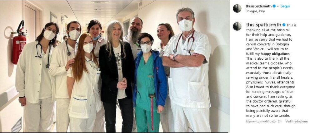 Patti Smith, sui social il ringraziamento ai medici e la promessa: ‘Tornerò a Bologna’