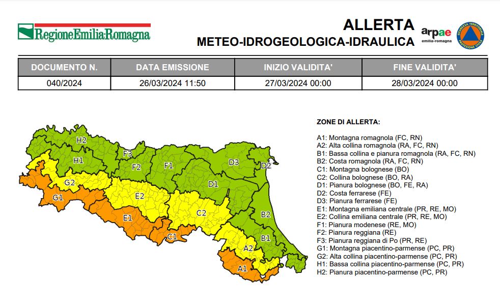 Vento forte e rovesci, allerta arancione sulla fascia appenninica