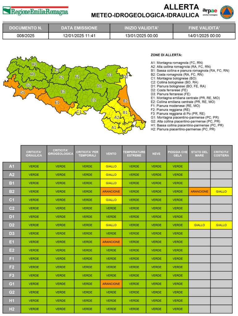In Emilia-Romagna allerta arancione per vento