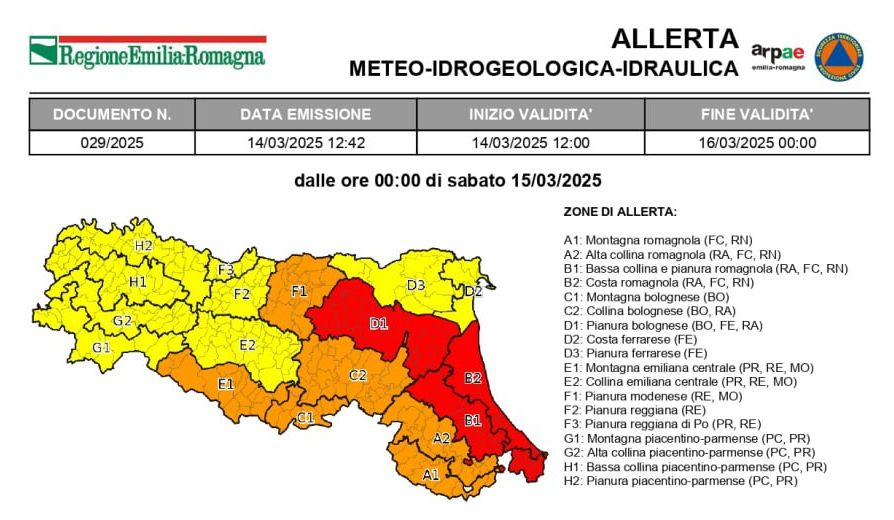 Maltempo: per sabato 15 marzo allerta rossa nel Bolognese, arancione in città