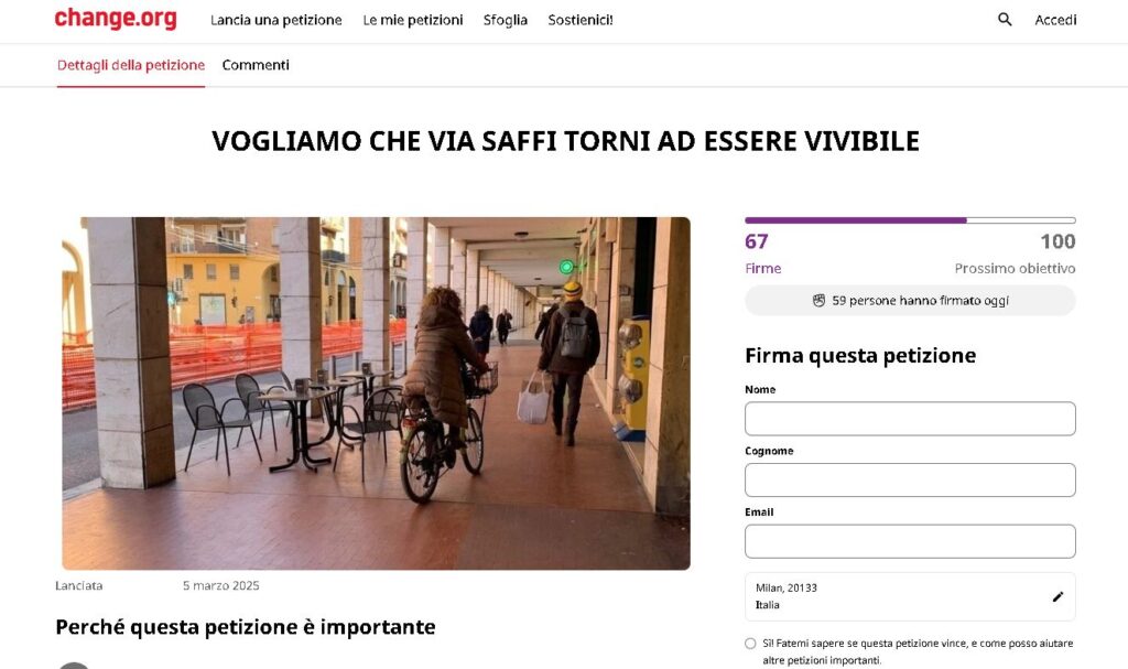 Via Saffi: raccolta di firme contro “la pista” di bici, motorini e monopattini sotto i portici