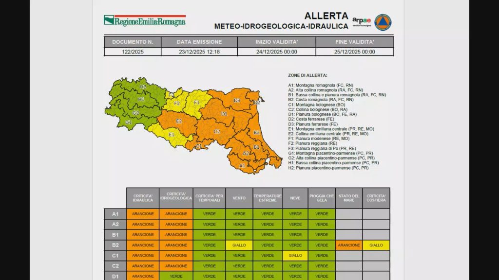 Natale di pioggia. Allerta arancione su Bologna e la Romagna
