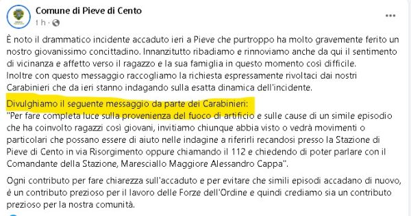 Pieve di Cento, i carabinieri cercano testimoni su quanto accaduto la notte di Capodanno