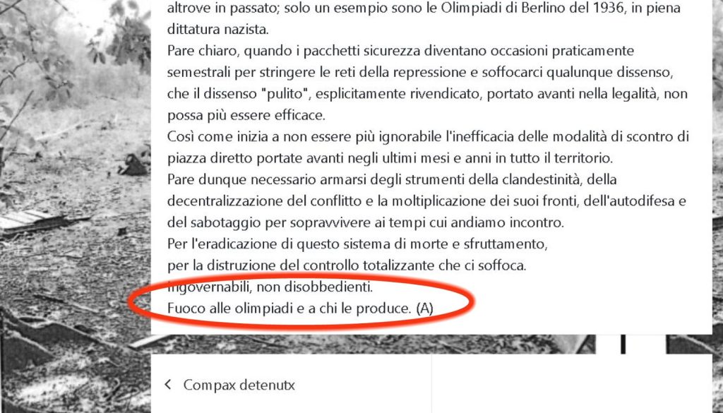 Sabotaggi ai treni, su un blog di area anarchica un articolo con scritto: ‘Fuoco alle Olimpiadi’