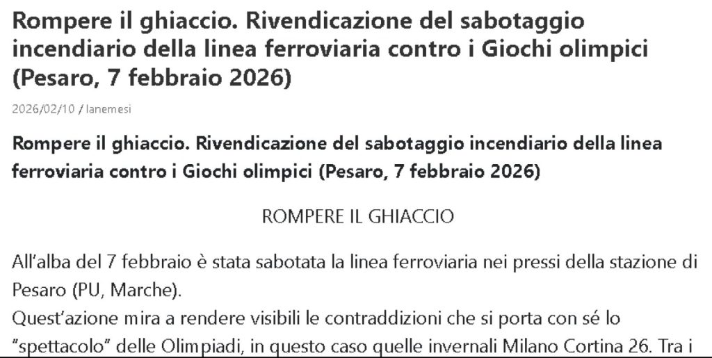 Sabotaggio ai treni, rivendicazione su un blog anarchico per episodio a Pesaro