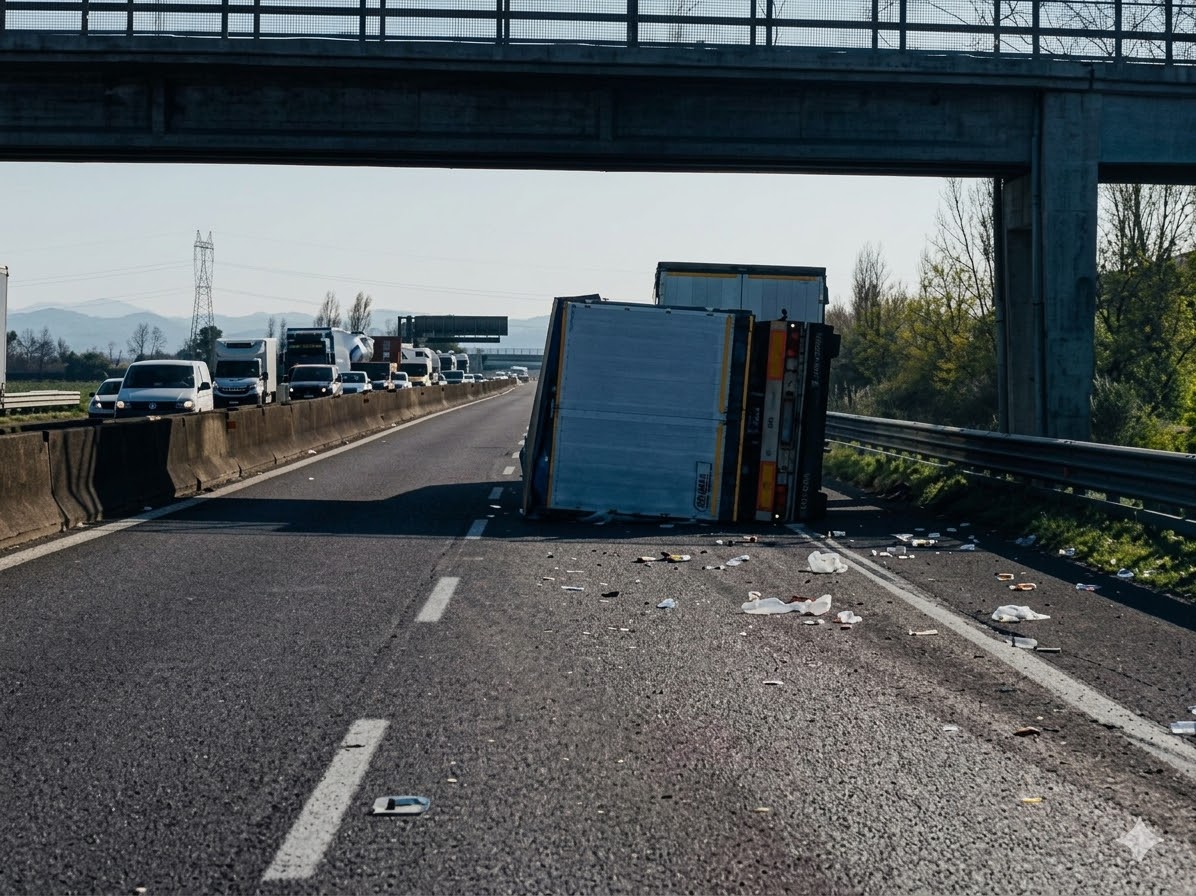 Autotreno si ribalta in A13, autostrada chiusa per mezzora