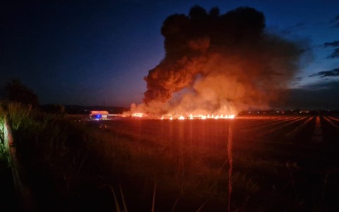 Camion prende fuoco in A14 e brucia anche un campo