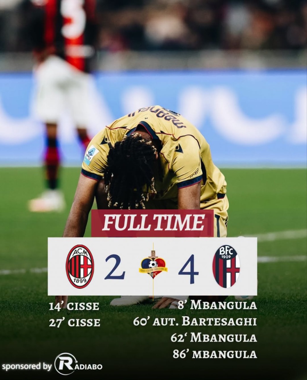 Bologna gagliardissimo: 2-4 in casa del Milan. Mbangula ne fa tre