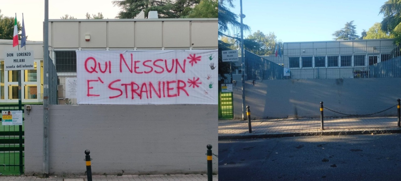 Bruciato lo striscione ‘Qui nessuno è straniero’ alle scuole Don Milani di Casalecchio